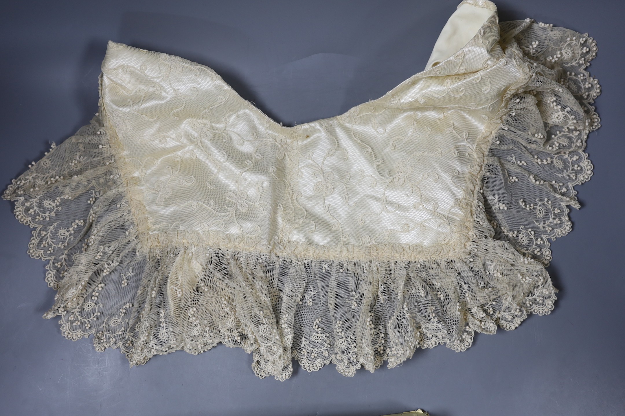 Two wide white worked frilled 19th century collars, a fine Scottish Ayrshire collar, two white worked monogrammed hankies, a later satin and cream machine lace collar etc